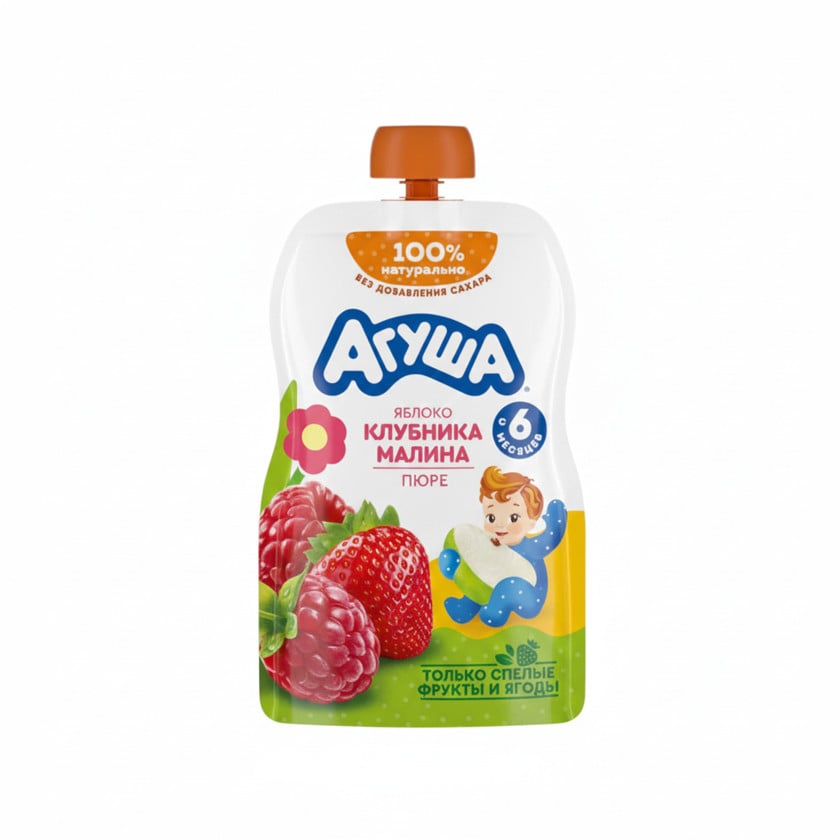 Püre uşaqlar üçün Агуша Alma, Çiyələk, Moruq, 90 q, 6 aydan