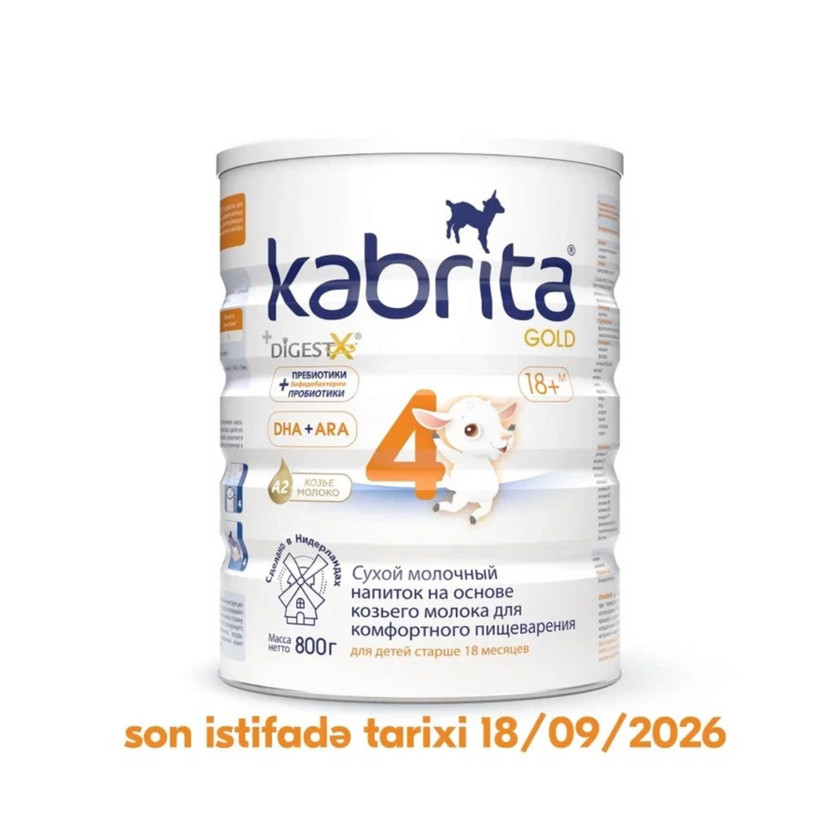 Quru südlü içki Kabrita 4 Gold keçi südü əsasında, 18 aydan, 800 q (son istifadə tarixi 18.09.2026)