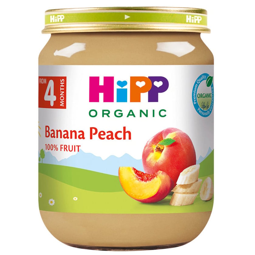 Uşaqlar üçün meyvə püresi Hipp Organic, banan və şaftalı, 125 q, 4 aydan