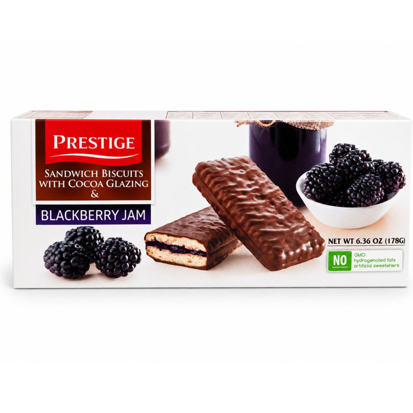 Biskvit Prestige böyürtkən cemi içliyi və kakao qlazuru ilə, 178 q