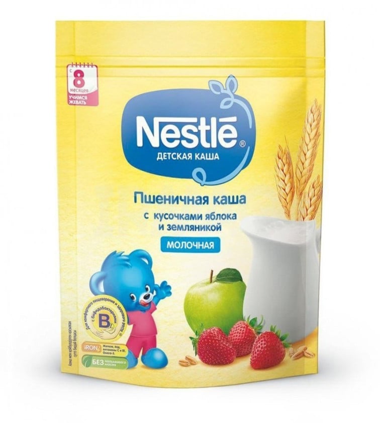 Südlü buğda sıyıq Nestle alma və çiyələk parçaları ilə, 8 aydan, 220 q