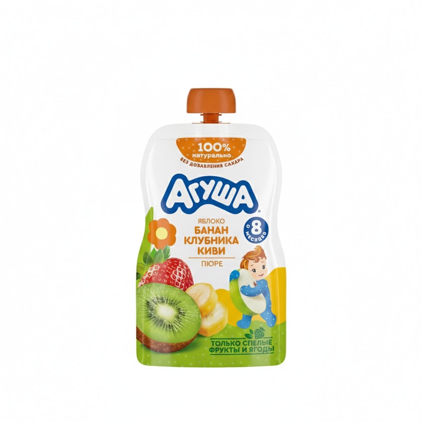 Püre uşaqlar üçün Агуша Alma, Banan, Çiyələk və Kivi, 90 q, 8 aydan