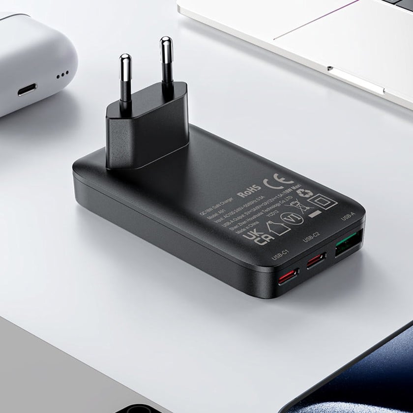 Divar şarj cihazı A100 PD65W, 3 port [2xUSB-C + USB-A], GaN, 65W, AB fiş - AC-A100 black