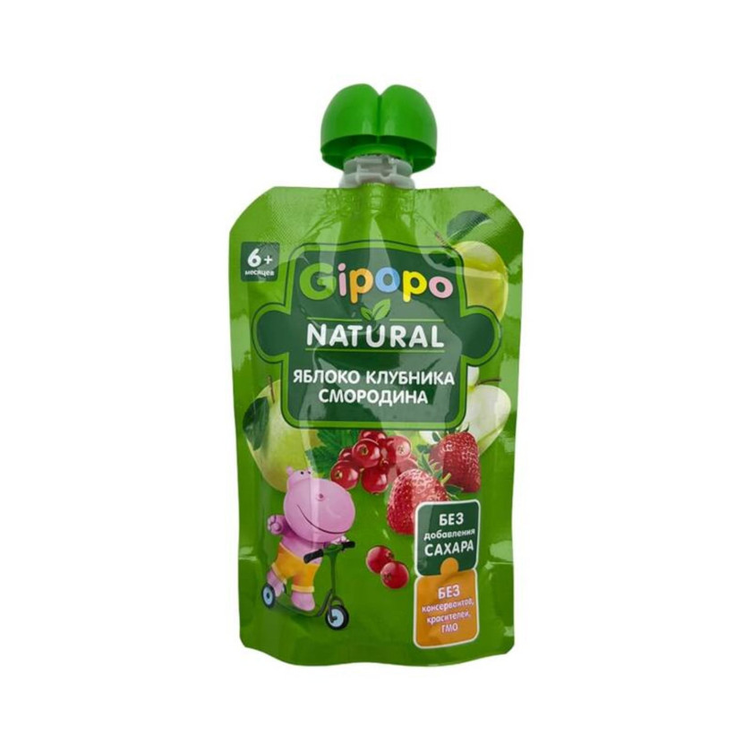 Püre GIPOPO 3444 alma, çiyələk və qara qarağat ilə, 90 q