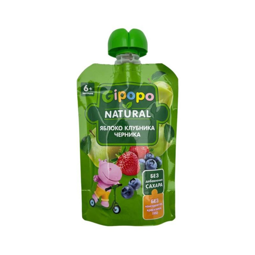 Püre GIPOPO 3451 alma, çiyələk və qargilə ilə, 90 q
