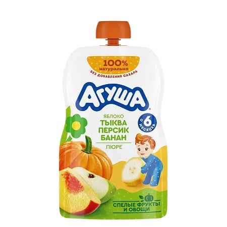 Püre uşaqlar üçün Агуша Alma, Balqabaq, Şaftalı və Banan, 90 q, 6 aydan