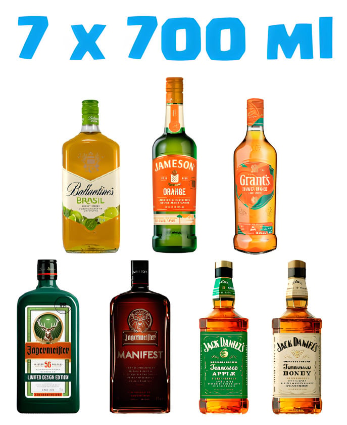 Alko Set V2: Ballantine’s Brasil, Jameson Orange, Grant’s Orange, Jägermeister Green, Jägermeister Manifest, Jack Daniel’s Apple, Jack Daniel’s Honey — 7 × 700 m