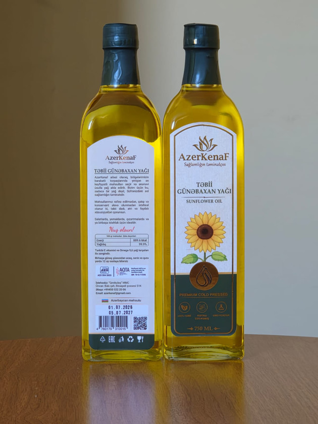 Günəbaxan yağı, soyuq sıxım, orqanik, 0.75 l