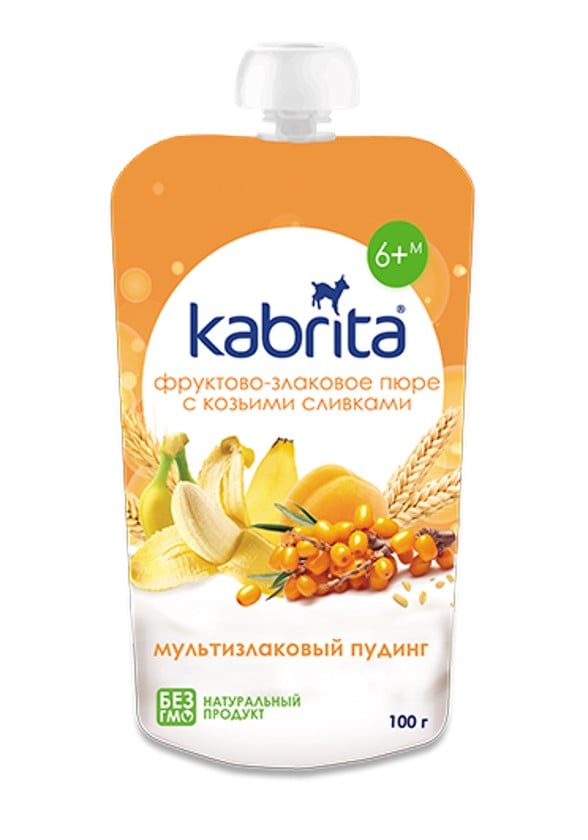 Meyvə-taxıl püresi Kabrita keçi qaymağı ilə Мультизлаковый пудинг, 100 q, 6 aydan