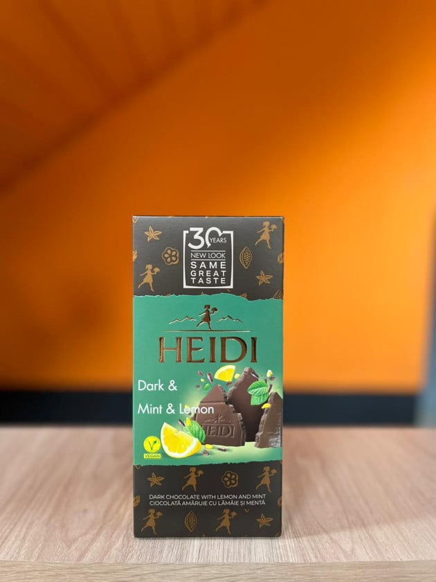 Tünd şokolad plitkası Heidi nanə və limon, 80q