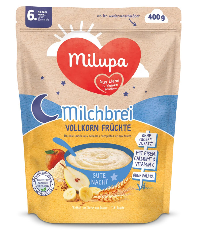Südlü sıyıq Milupa Milchbrei Volkorn Fruchte, 6 aydan, 400 q