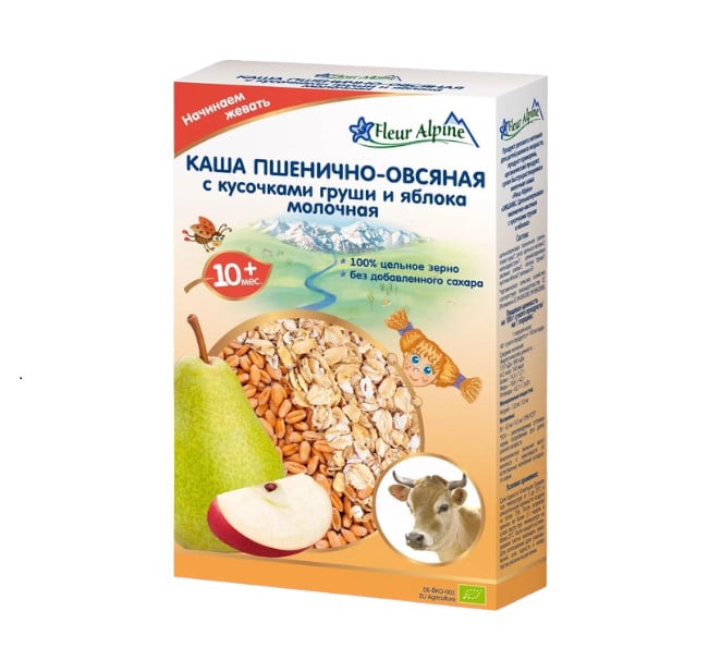 Südlü buğda-yulaf sıyığı Fleur Alpine Organic, armud və alma parçaları ilə, 10 aydan, 200 q