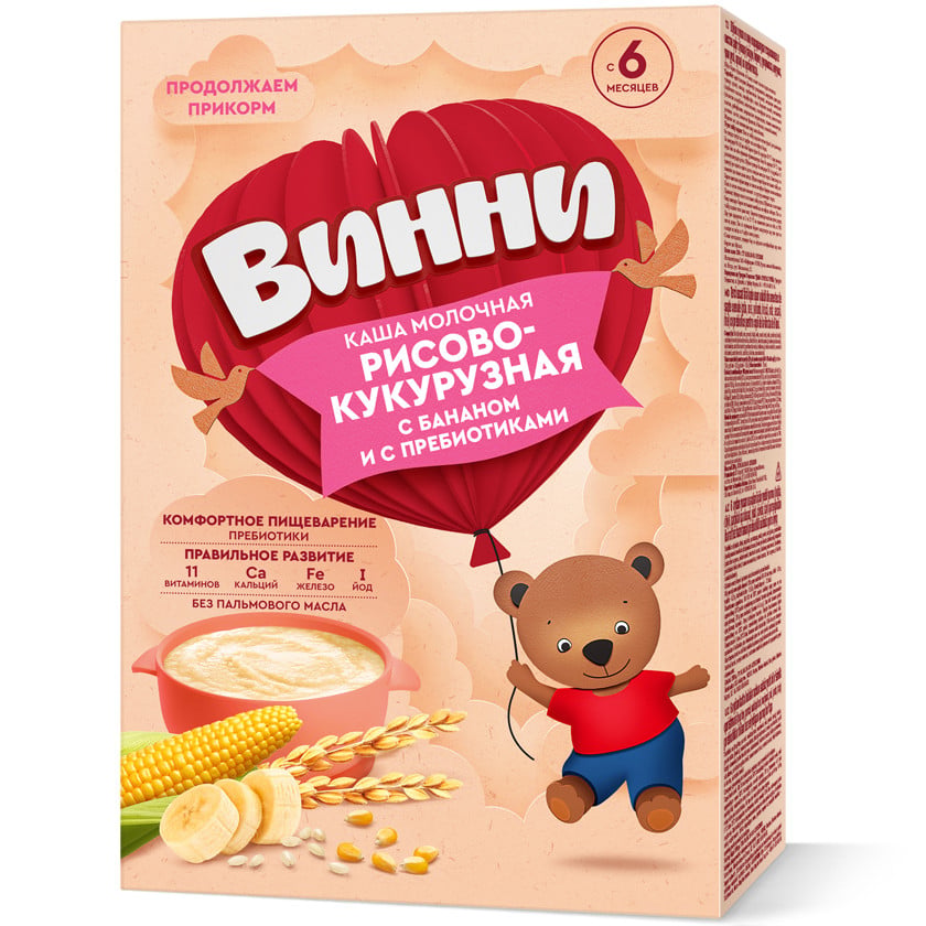 Südlü qarğıdalı-düyü sıyıq Vinni, banan ilə, 6+ ay, 200 q
