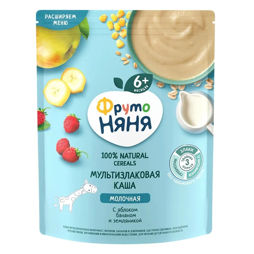 Sıyıq südlü multitaxıl ФрутоНяня, alma/banan/çiyələk, 6 ay