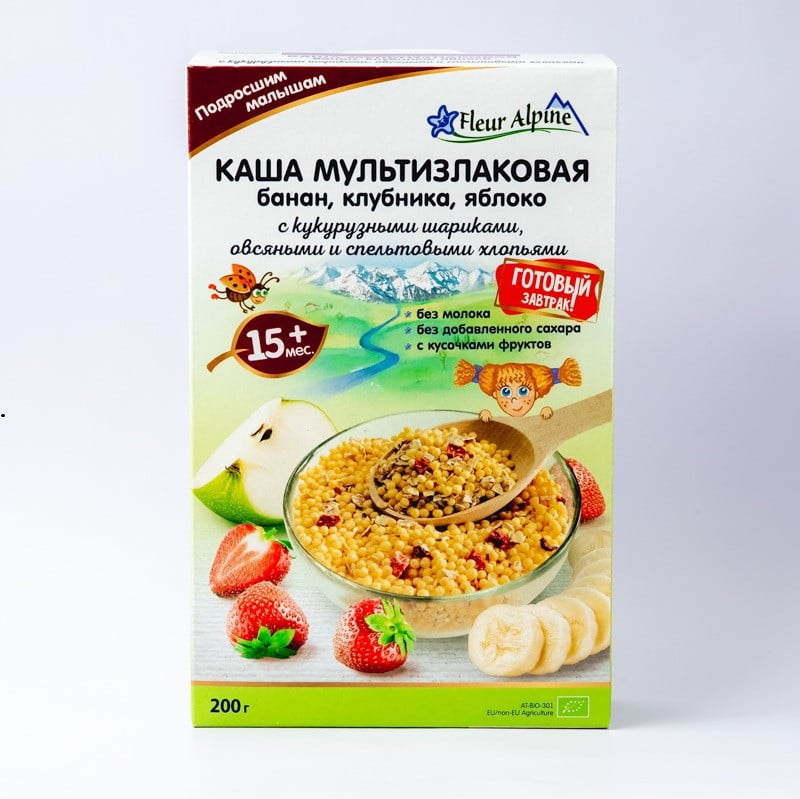 Multitaxıllı sıyıq Fleur Alpine, banan, çiyələk və alma ilə, 15 aydan, 200 q