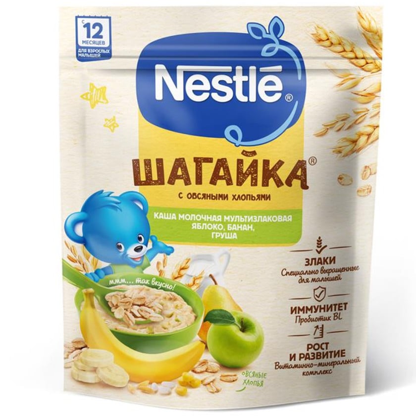 Südlü multitaxıl sıyıq Nestle Шагайка yulaf topları ilə, alma, banan, armud, 12 aydan, 190 q