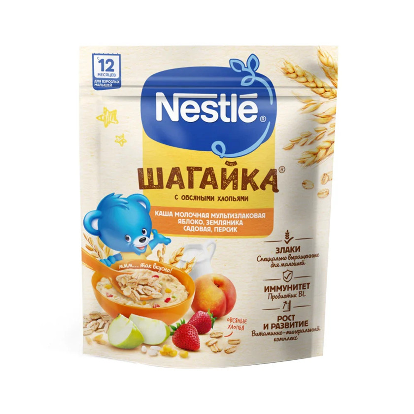 Multitaxıl sıyığı Nestle Шагайка Alma, Çiyələk, Şaftalı, 190 q, 12+ ay
