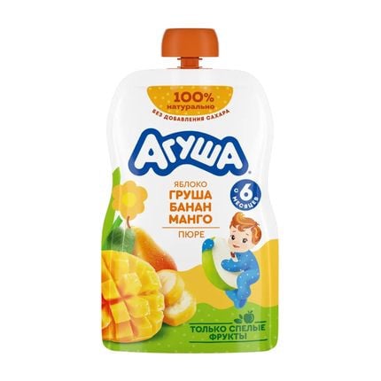 Püre uşaqlar üçün Агуша Alma, Armud, Banan və Manqo, 90 q, 6 aydan