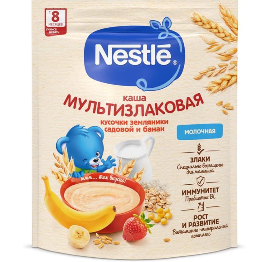 Südlü multitaxıl sıyıq Nestle çiyələk və banan parçaları ilə, 8 aydan, 220 q