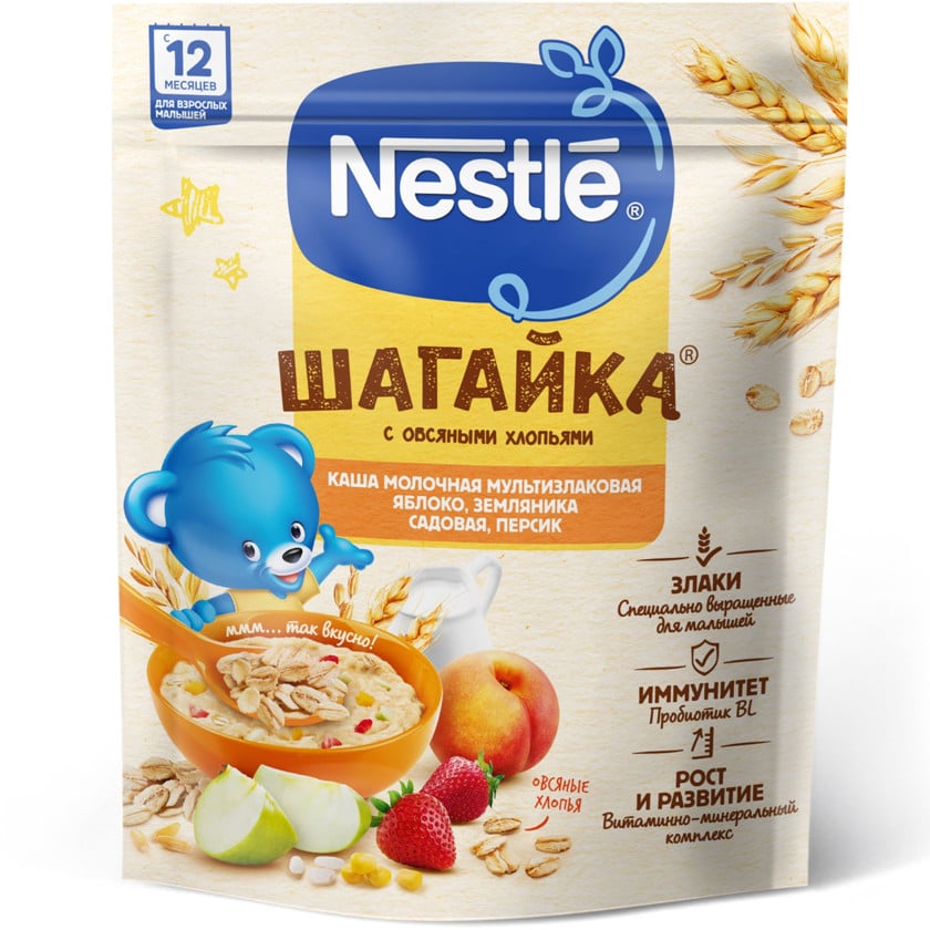 Südlü multitaxıl sıyıq Nestle Шагайка yulaf topları ilə, alma, bağ çiyələyi, şaftalı, 12 aydan, 190 q
