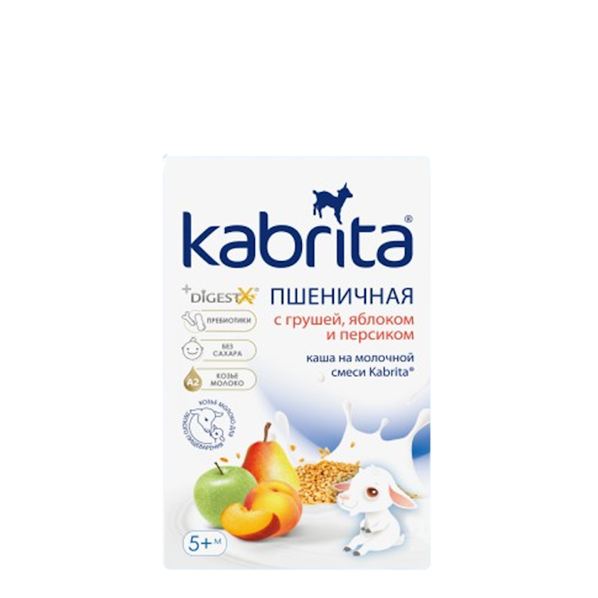 Südlü buğda sıyıq Kabrita armud, alma və şaftalı ilə, 5+ ay, 180 g