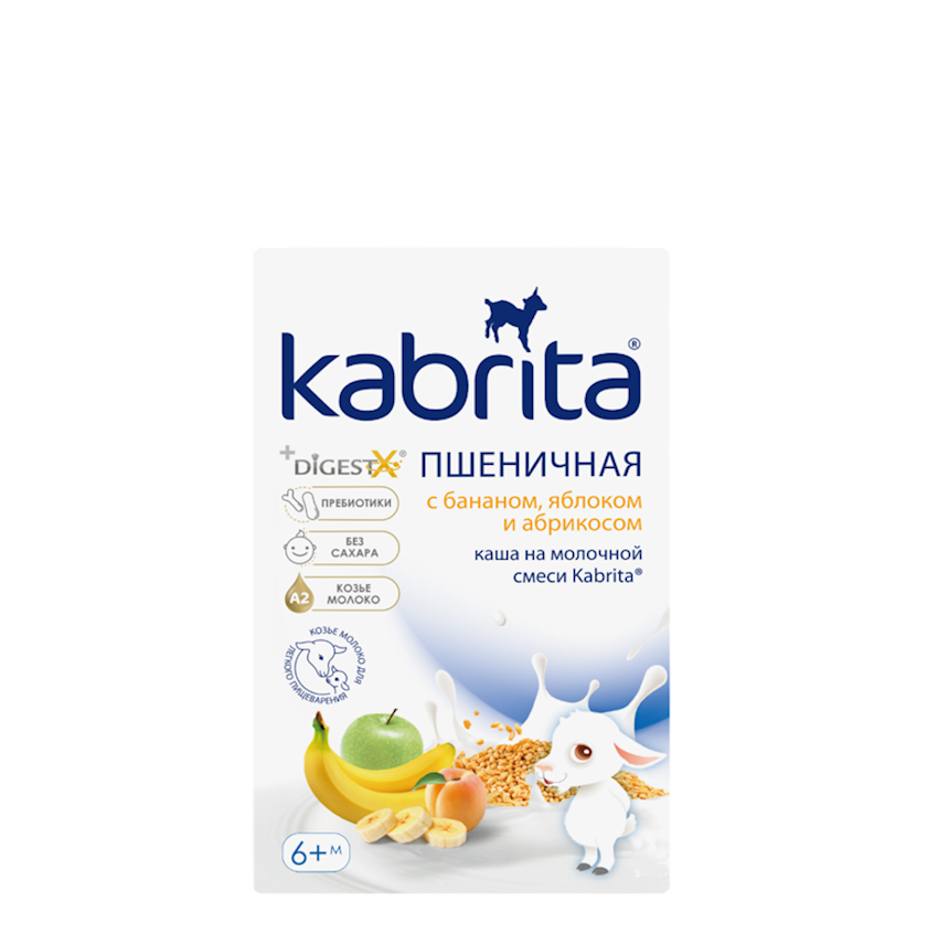 Südlü buğda sıyıq Kabrita banan, alma və ərik ilə, 6+ ay, 180 g