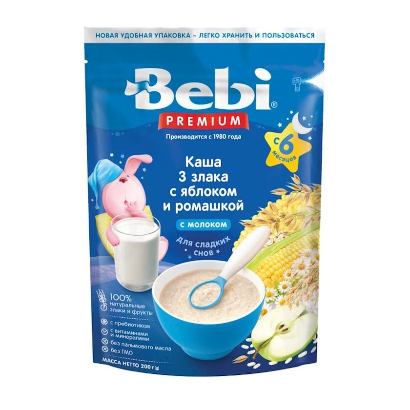 Südlü sıyıq Bebi Premium "Сладкие сны", 3 taxıl, alma və çobanyastığı ilə, 6 aydan, 200 q (8606019653279)