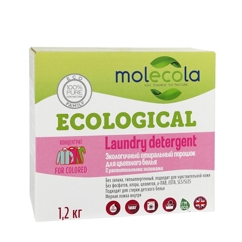 Yuyucu toz Molecola Ecological, rəngli paltar üçün, 1.2 kq, 20 yuma ...