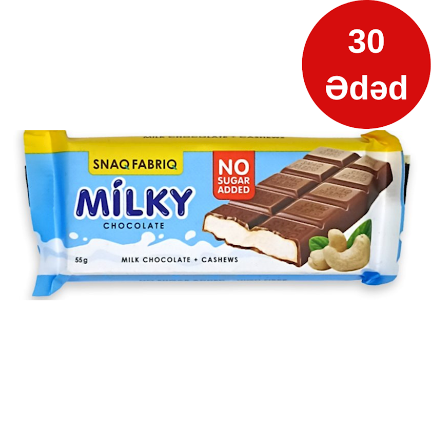 Südlü şokolad Snaq Fabriq, südlü qozlu içi ilə, şəkərsiz, 55 q, 30 əd
