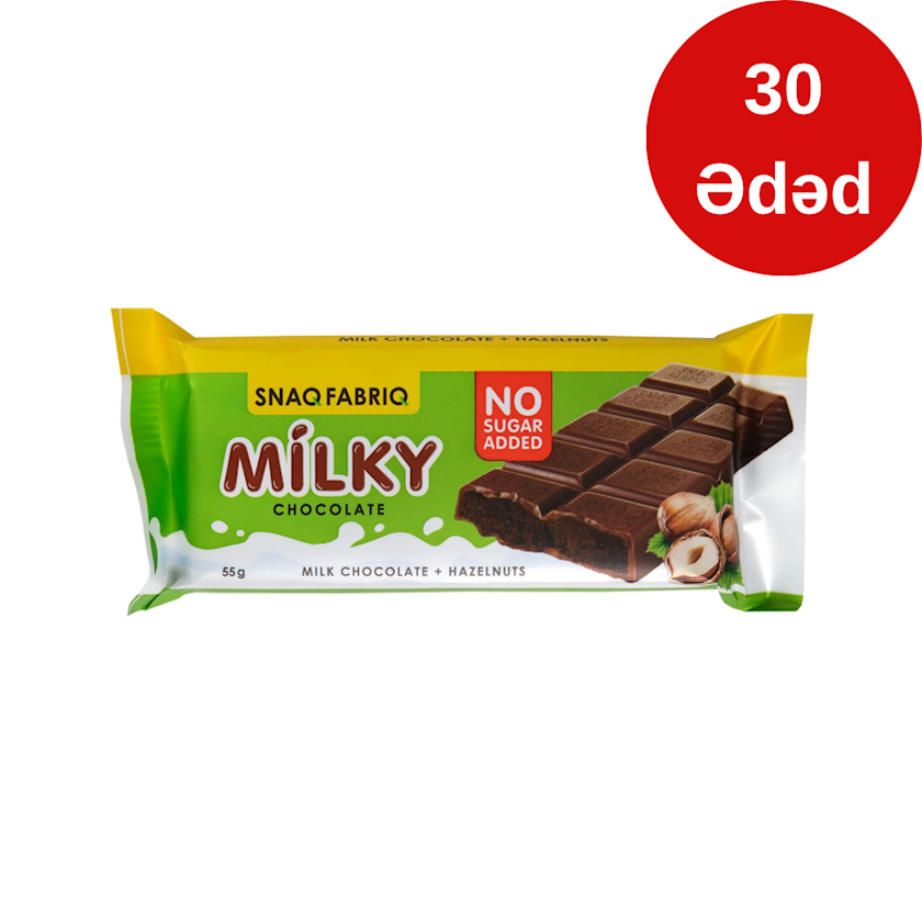 Südlü şokolad Snaq Fabriq, şokoladlı qozlu içi ilə, şəkərsiz, 55 q, 30 əd