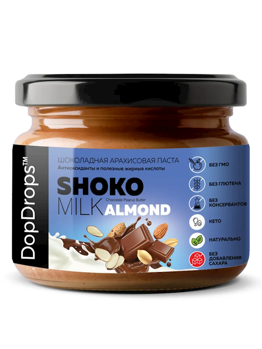 Şokoladlı yerfındığı pastası DopDrops Shoko Milk Almond badam ləçəkləri ilə, 1 əd, 250 q