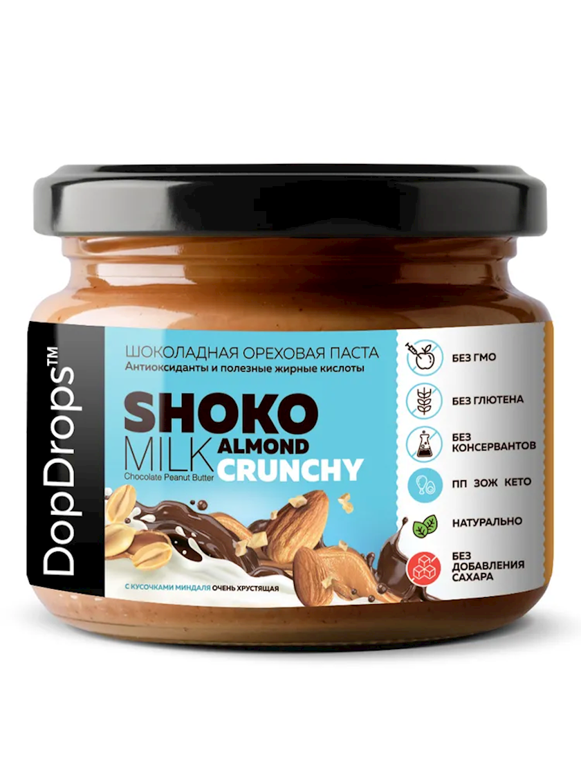 Şokoladlı yerfındığı pastası DopDrops Shoko Milk Almond Crunchy badam parçaları ilə, 1 əd, 250 q