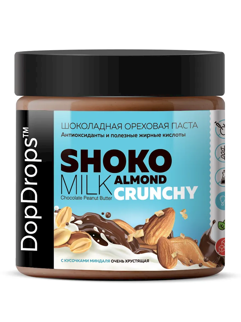 Şokoladlı yerfındığı pastası DopDrops Shoko Milk Almond Crunchy badam parçaları ilə, 1 əd, 500 q