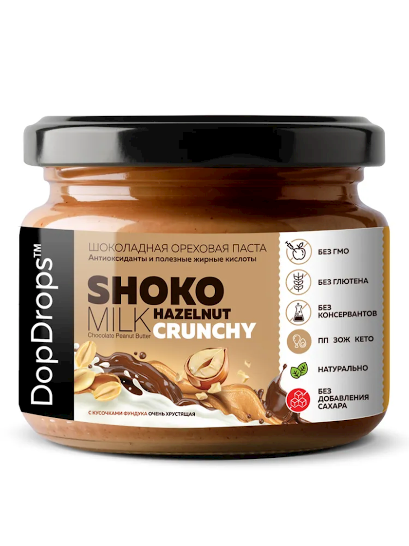 Şokoladlı yerfındığı pastası DopDrops Shoko Milk Hazelnut Crunchy fındıq parçaları ilə, 1 əd, 250 q