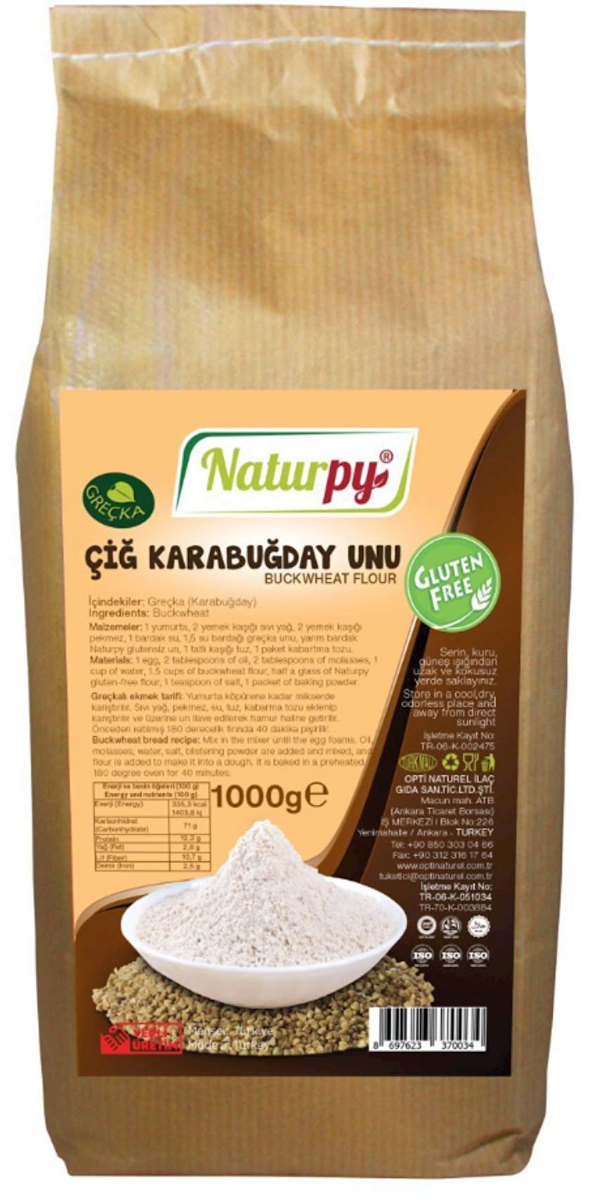 Qlütensiz yaşıl qarabaşaq unu Naturpy Çiğ Karabğday Unu 1 kq