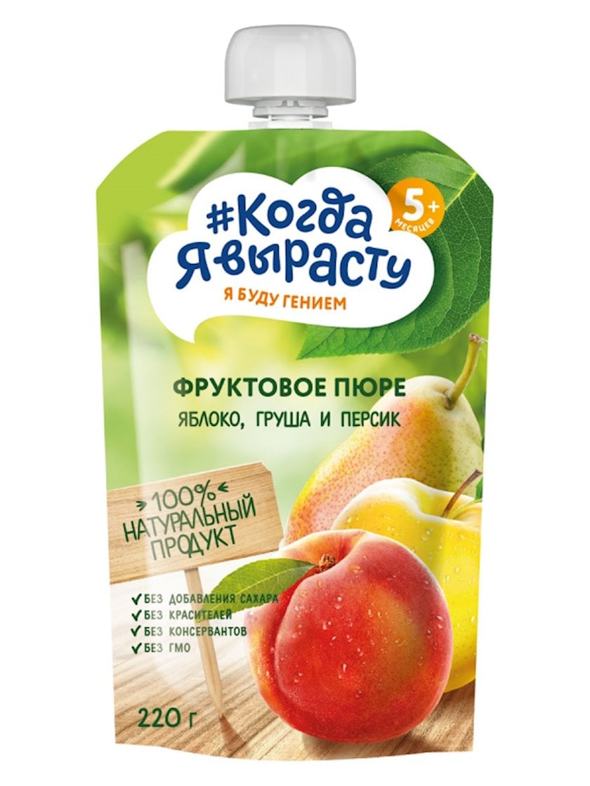 Meyvəli püre Когда я вырасту Яблоко, Груша, Персик, 220 q