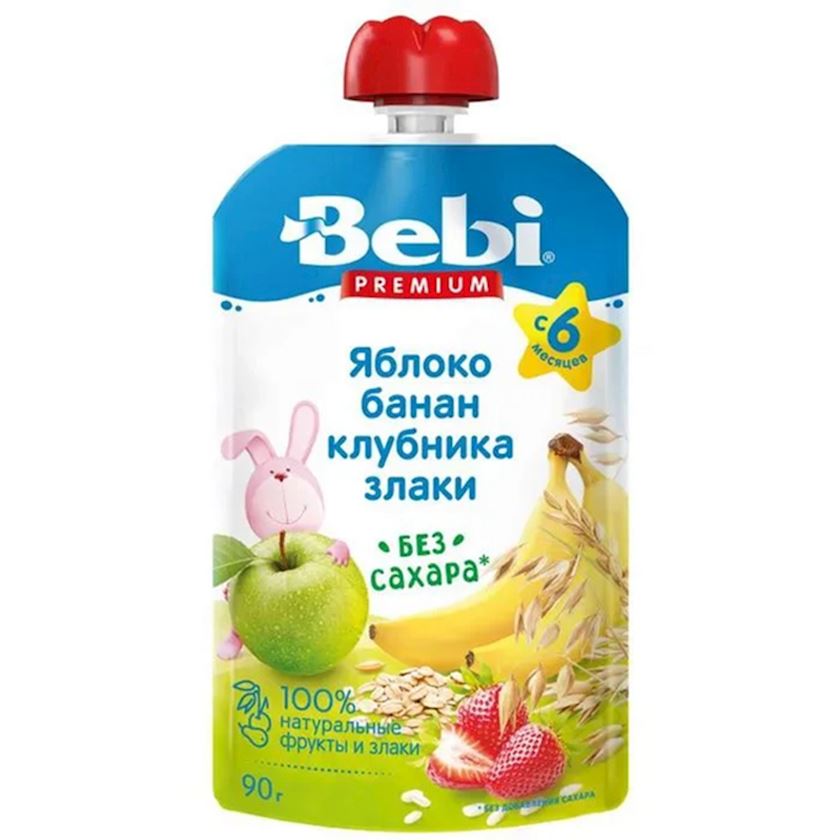 Püre Bebi Alma-banan-çiyələk-taxıl, 6 aydan, 90 q