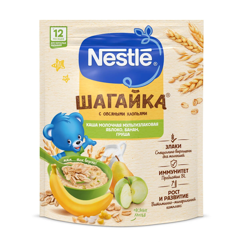 Multitaxıllı sıyıq Nestle Шагайка, alma/armud/banan, 12 aydan, 190 q