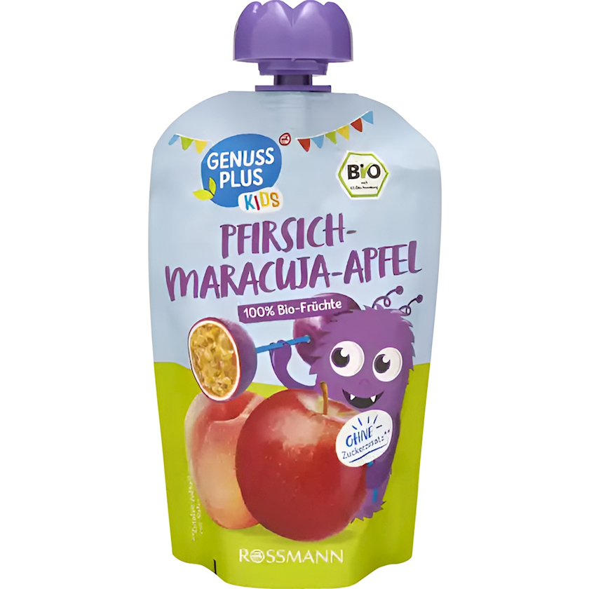 Meyvə püresi Genus Plus Kids, şaftalı/marakuya/alma, 12 aydan, 100 q