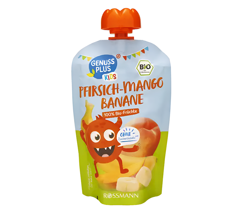 Meyvə püresi Genus Plus Kids, şaftalı/banan/manqo, 12 aydan, 100 q