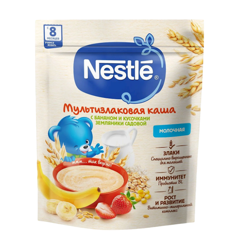 Sıyıq Nestle südlü, banan, çiyələk, multitaxıllı, 8+ ay, 200 q